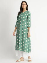 Cotton Dabu Polka Print Kurta - Green