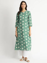 Cotton Dabu Polka Print Kurta - Green