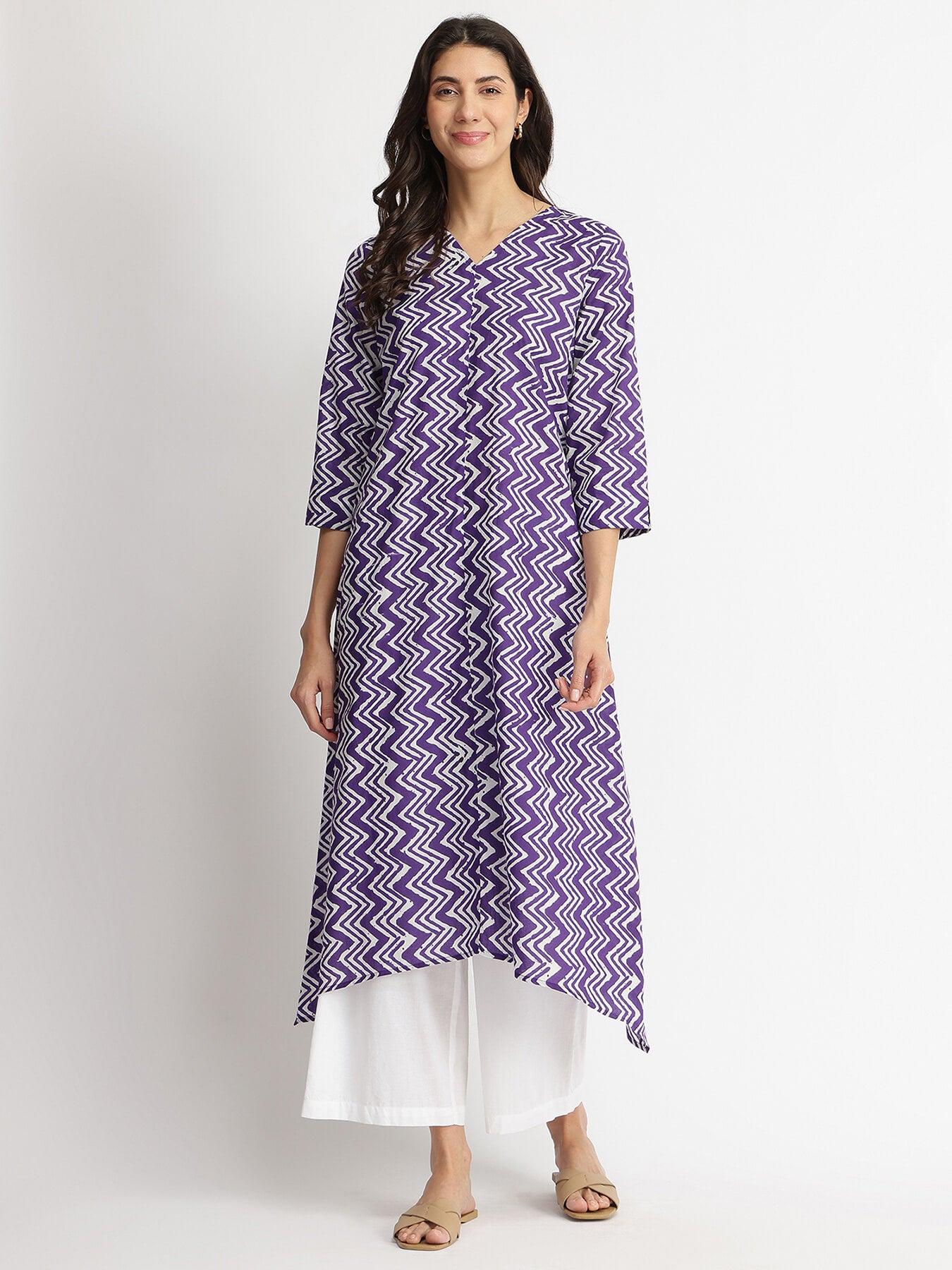 Cotton Chevron Asymmetric Kurta - Purple