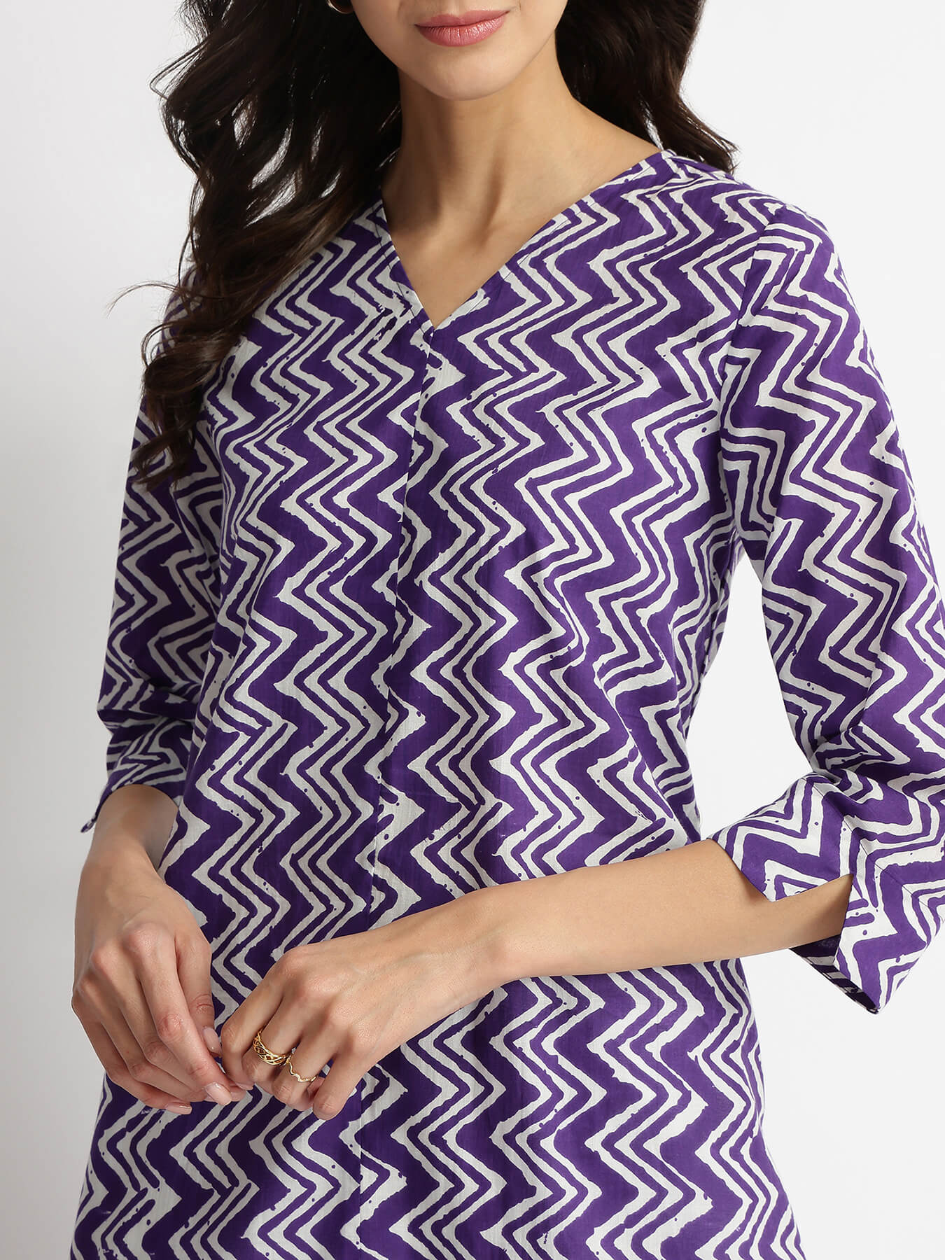 Cotton Chevron Asymmetric Kurta - Purple