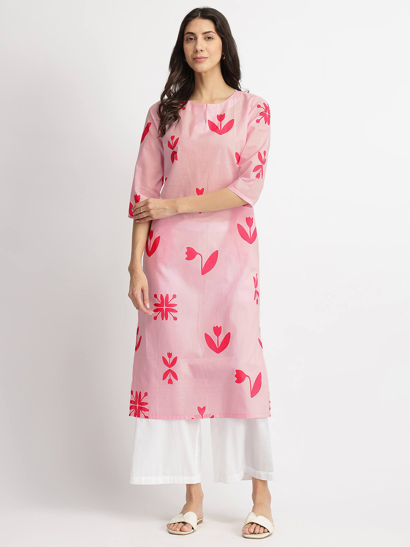 Pink Cotton Floral Print Straight Kurta