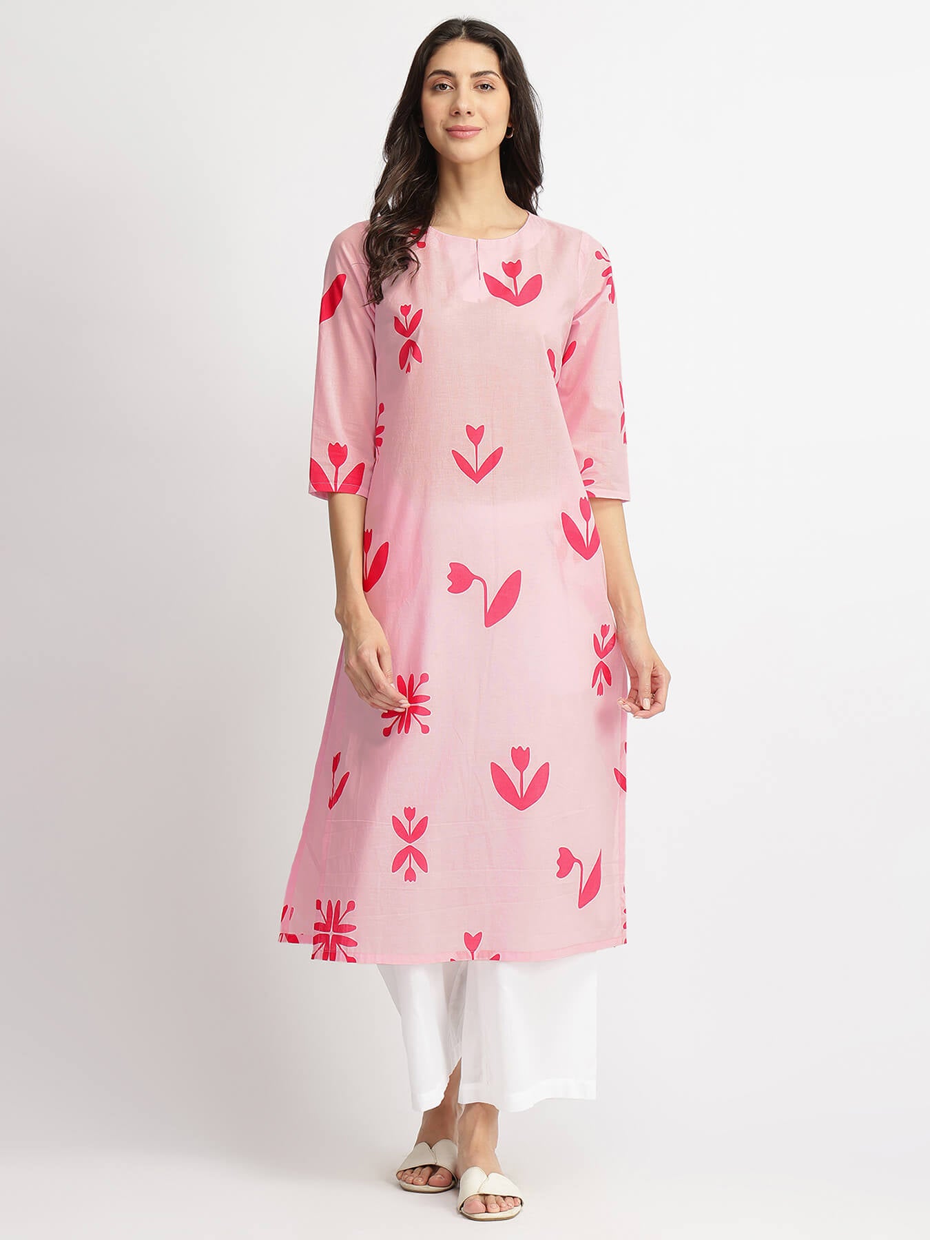 Cotton Floral Motif Kurta - Pink