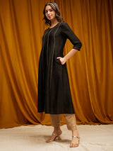 Raw Silk A-line Kurta - Black