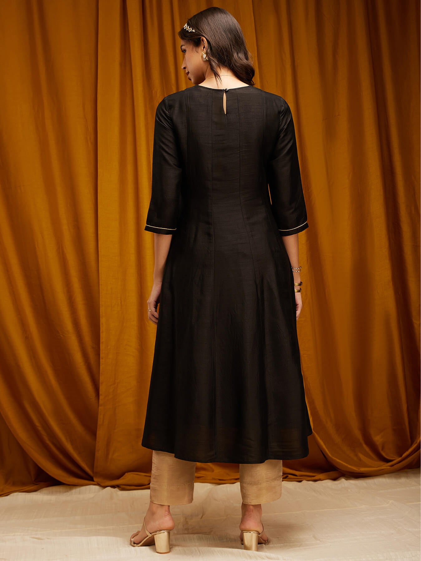 Raw Silk A-line Kurta - Black