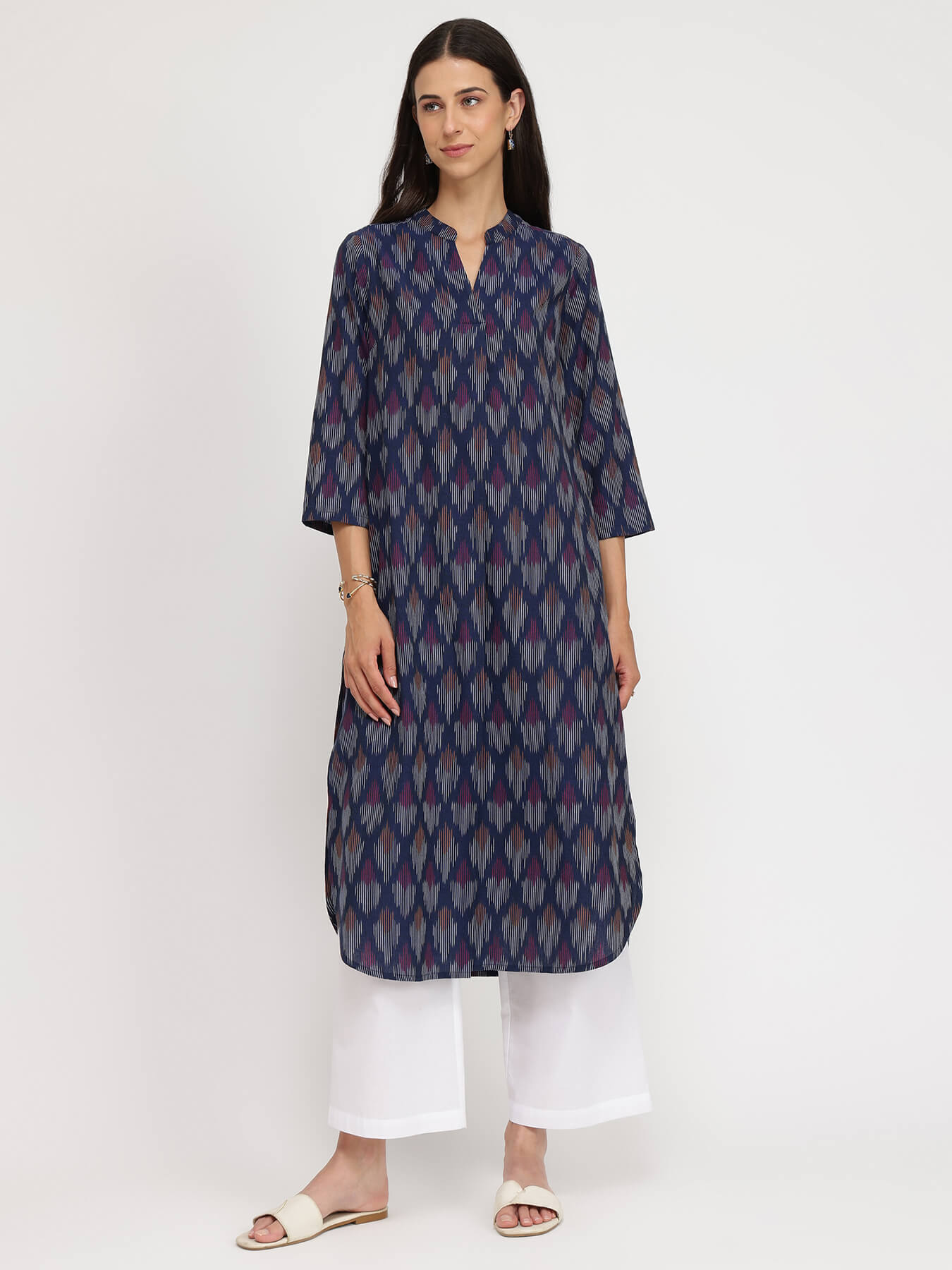 Cotton Ikat Straight Kurta - Navy Blue
