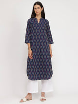 Cotton Ikat Straight Kurta - Navy Blue