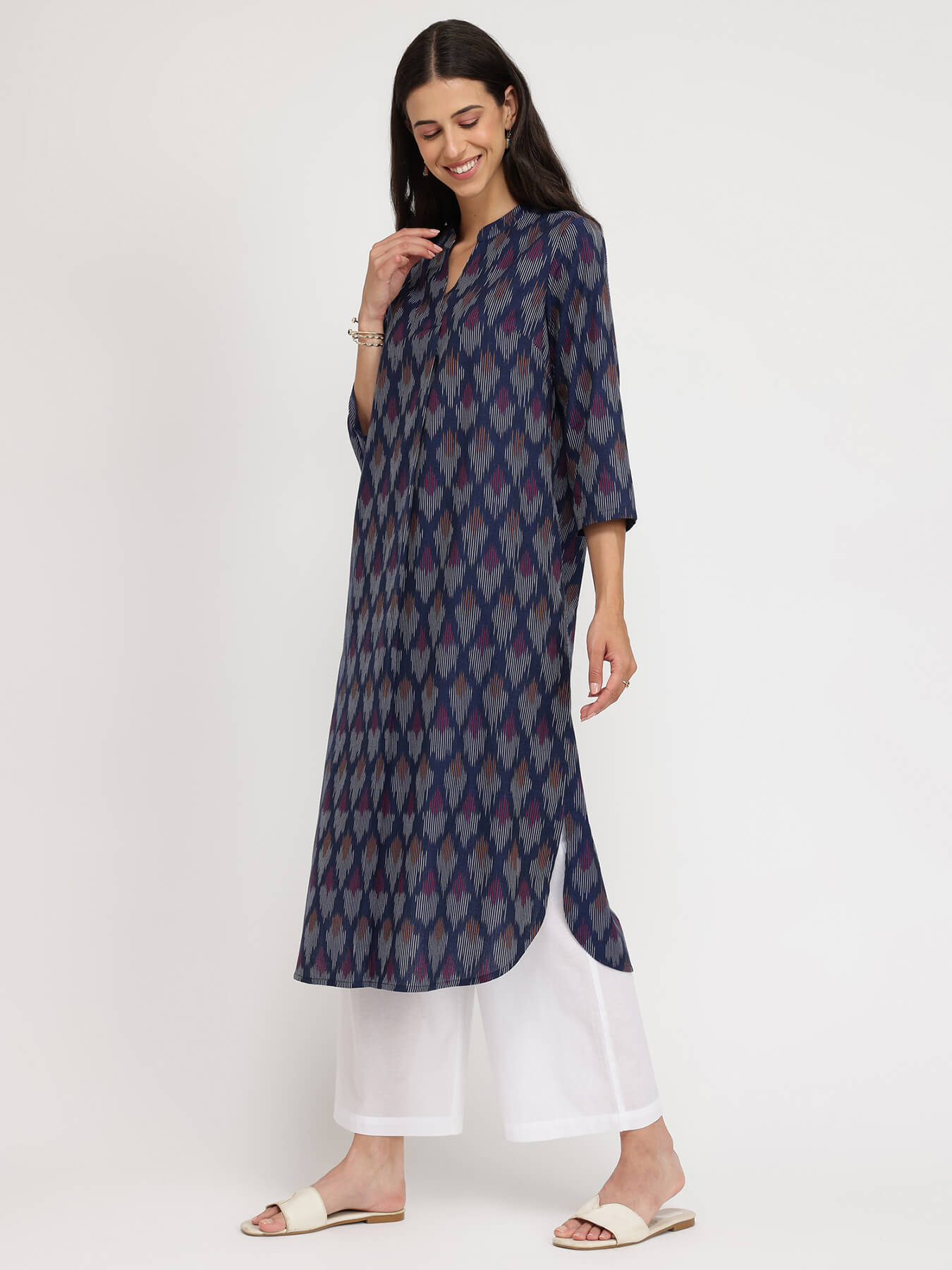 Cotton Ikat Straight Kurta - Navy Blue