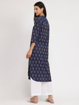 Cotton Ikat Straight Kurta - Navy Blue