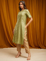 Chanderi Brocade Round Neck Kurta - Light Green