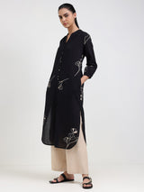 Cotton Floral Straight Kurta - Black