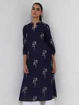 Cotton Floral Straight Kurta - Navy Blue