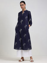 Cotton Floral Straight Kurta - Navy Blue
