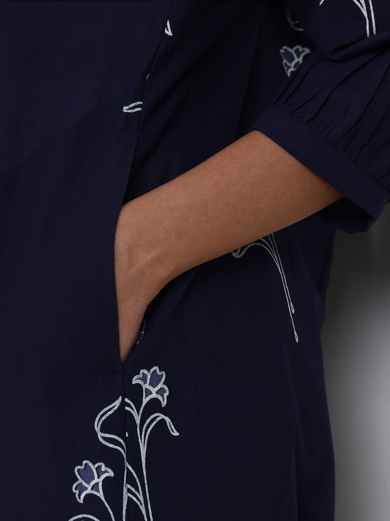 Cotton Floral Straight Kurta - Navy Blue