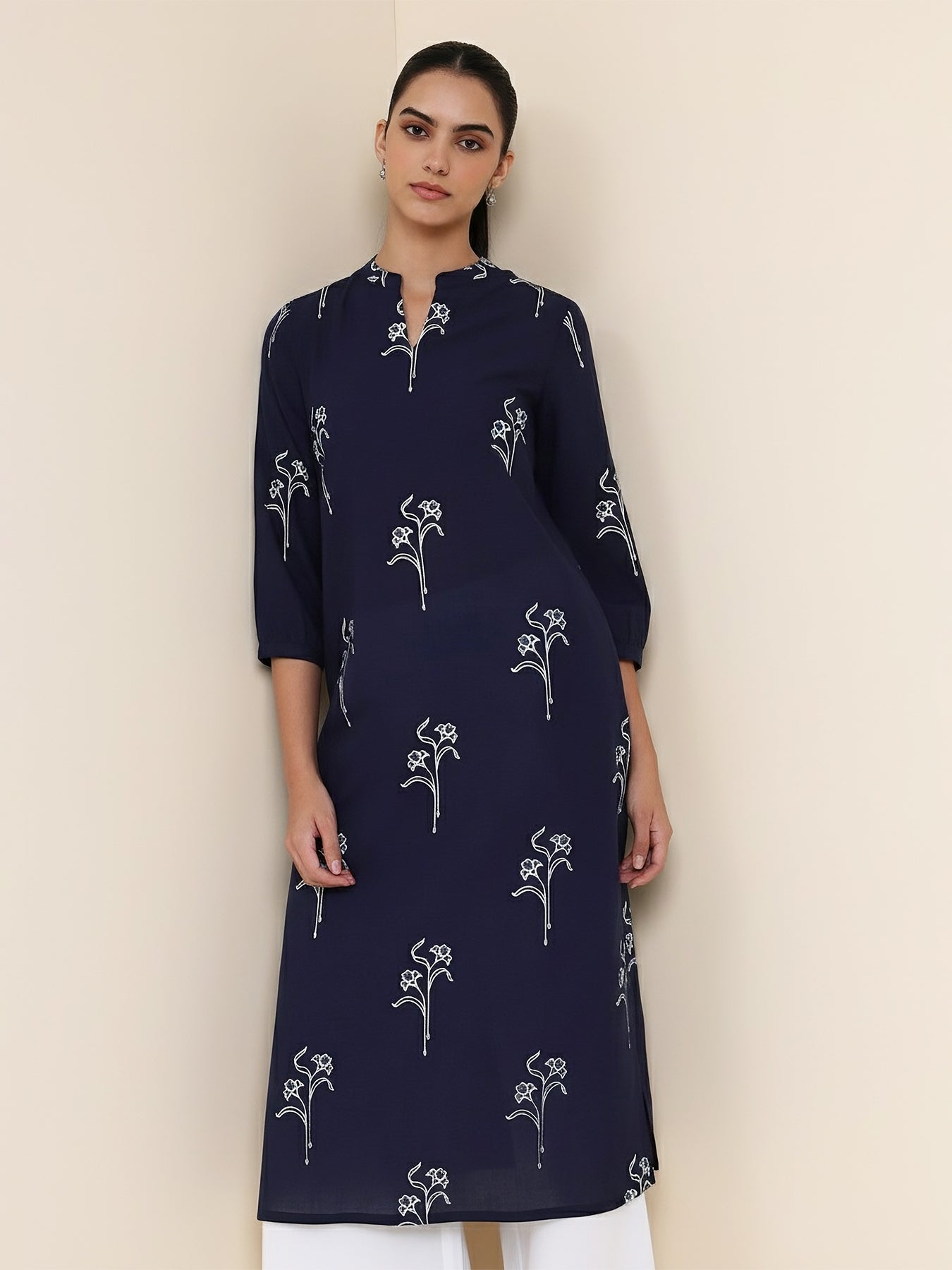 Cotton Floral Straight Kurta - Navy Blue