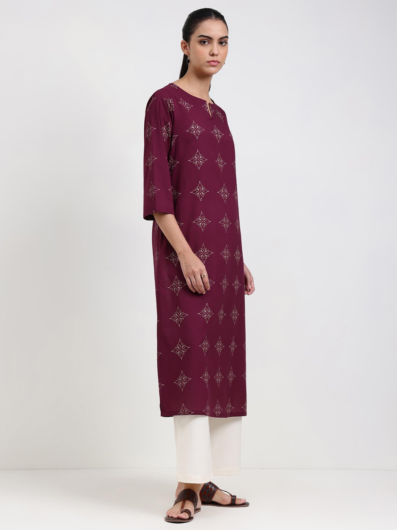 Cotton Floral Straight Kurta - Magenta