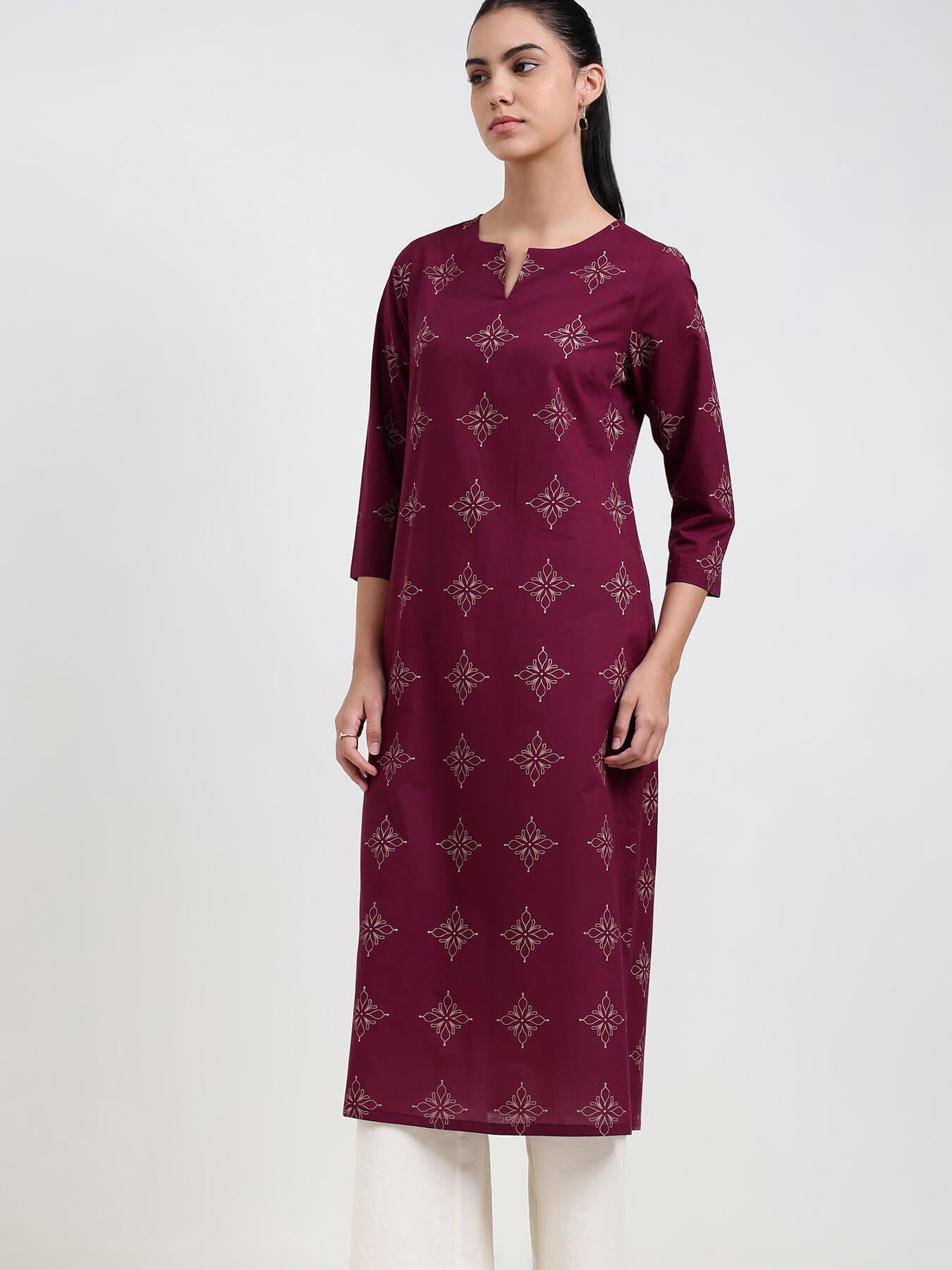 Cotton Floral Straight Kurta - Magenta