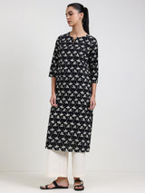 Cotton Floral Straight Kurta - Black