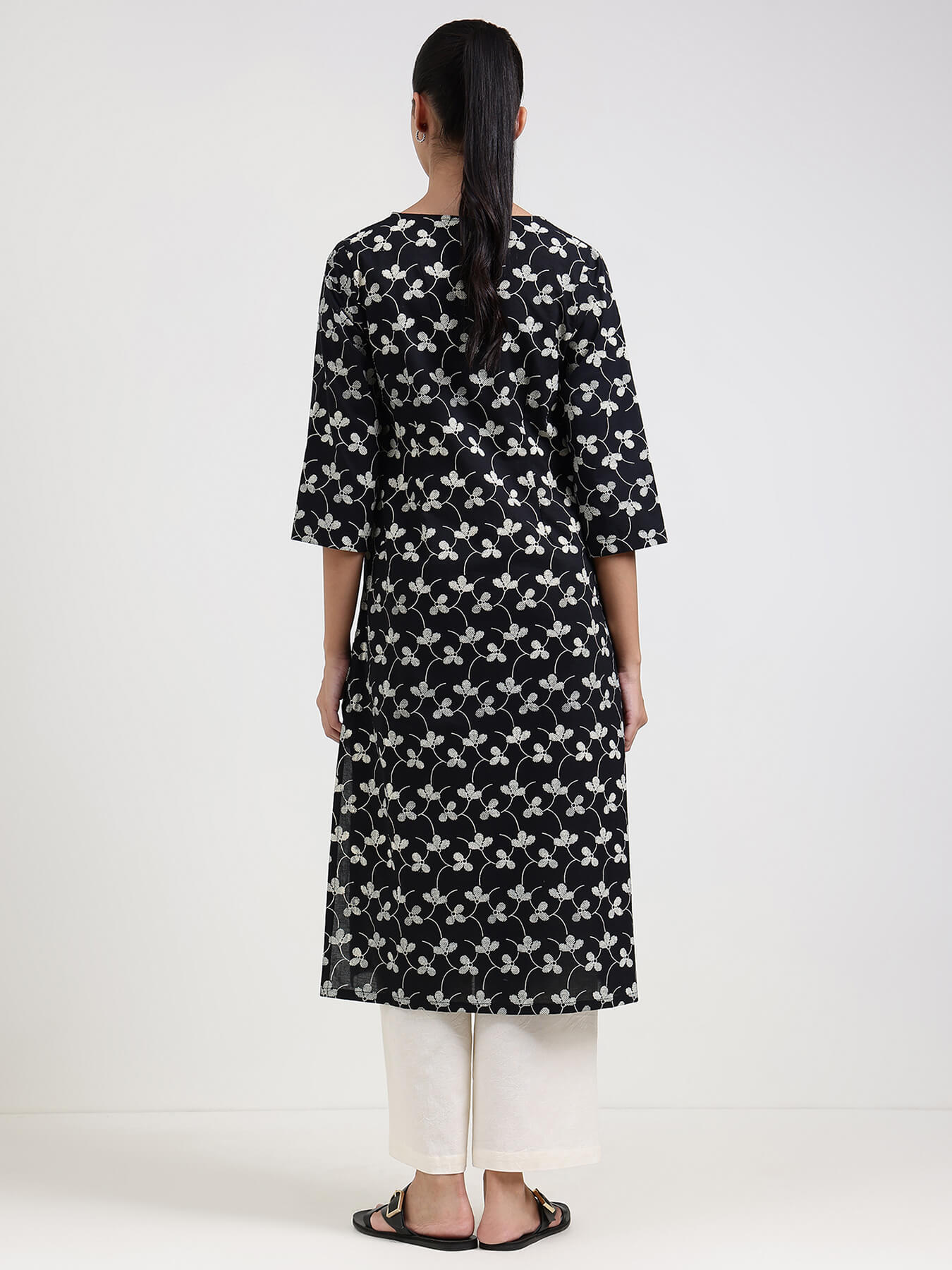 Cotton Floral Straight Kurta - Black
