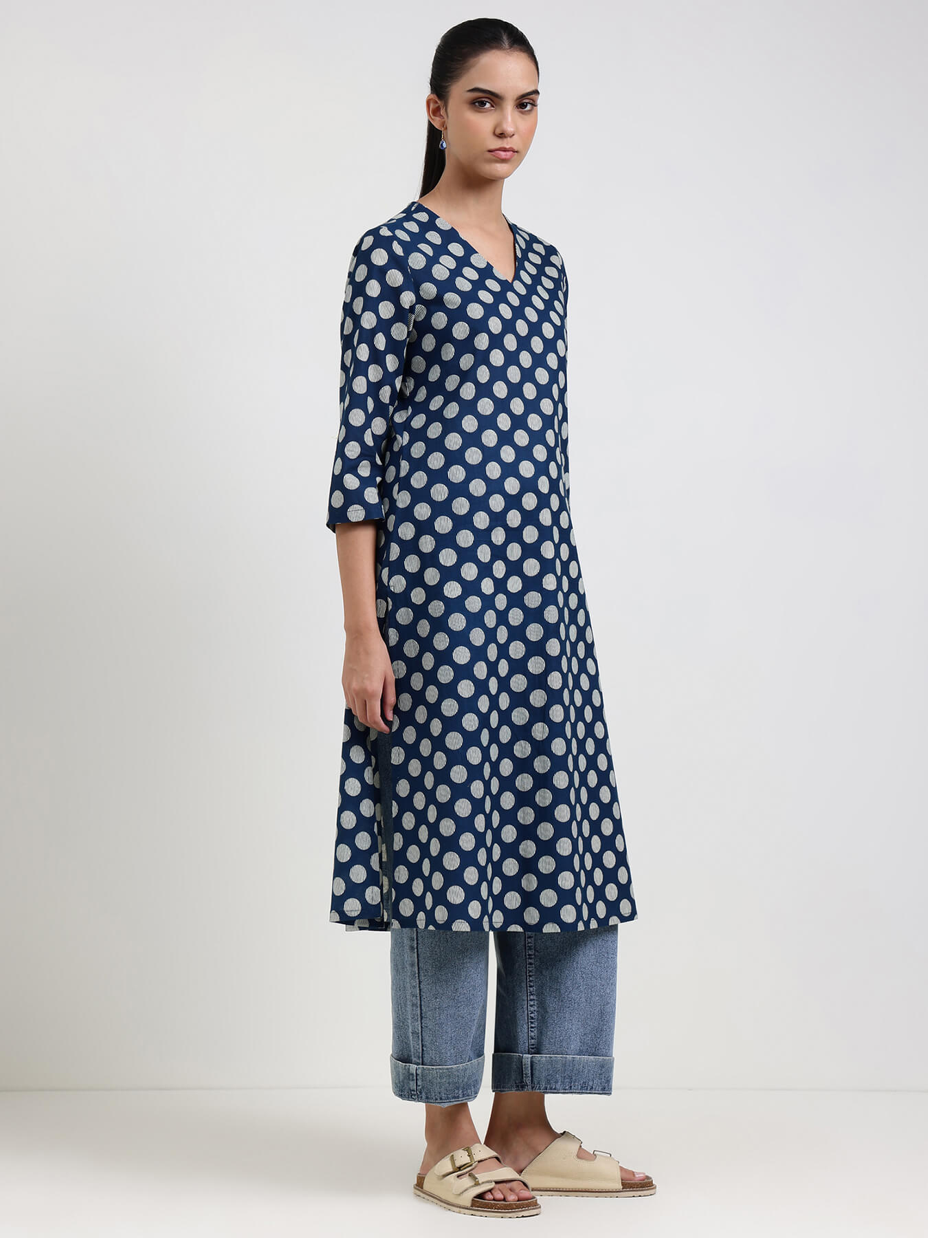 Cotton Geometric Straight Kurta - Blue