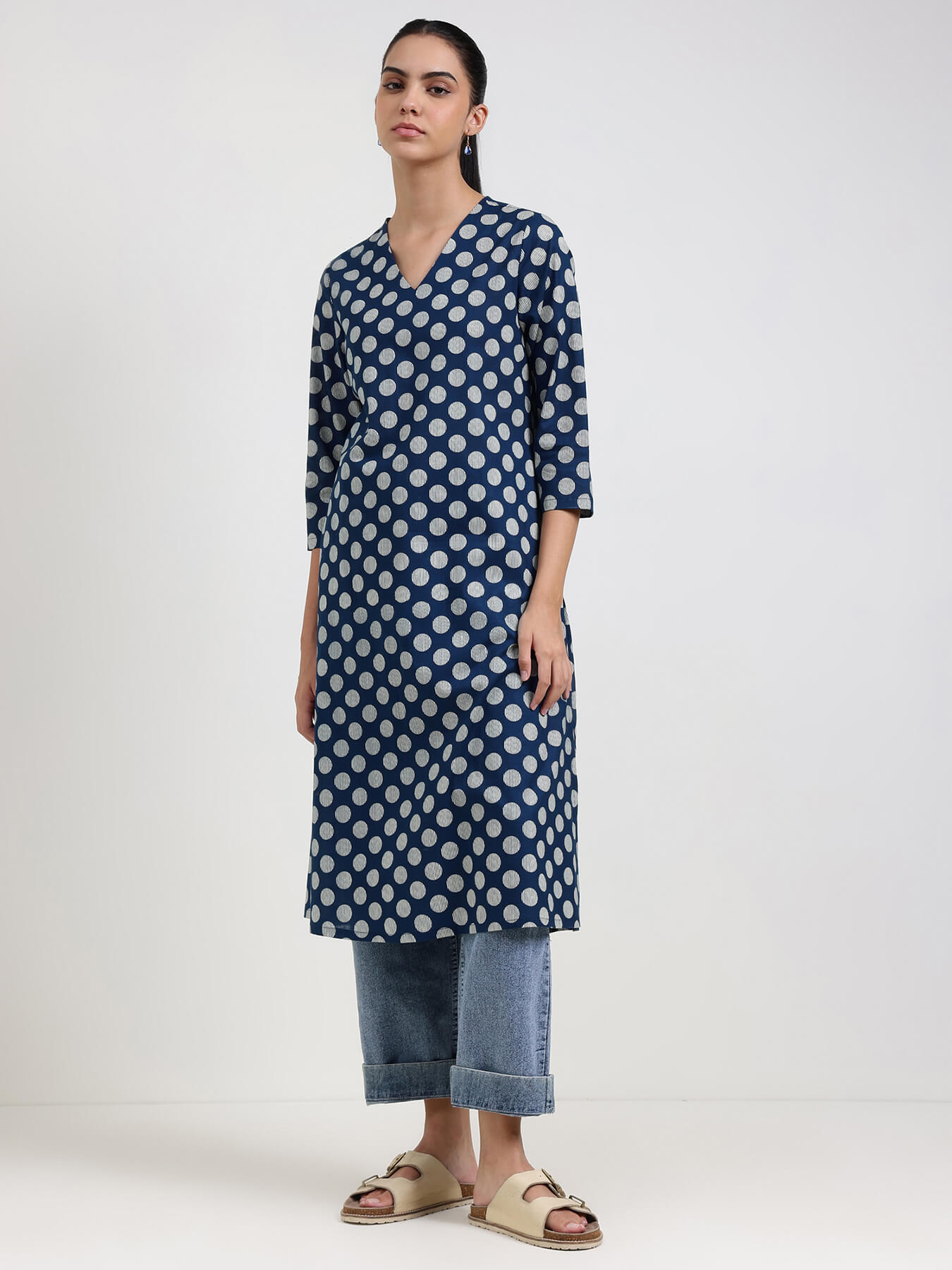Cotton Geometric Straight Kurta - Blue