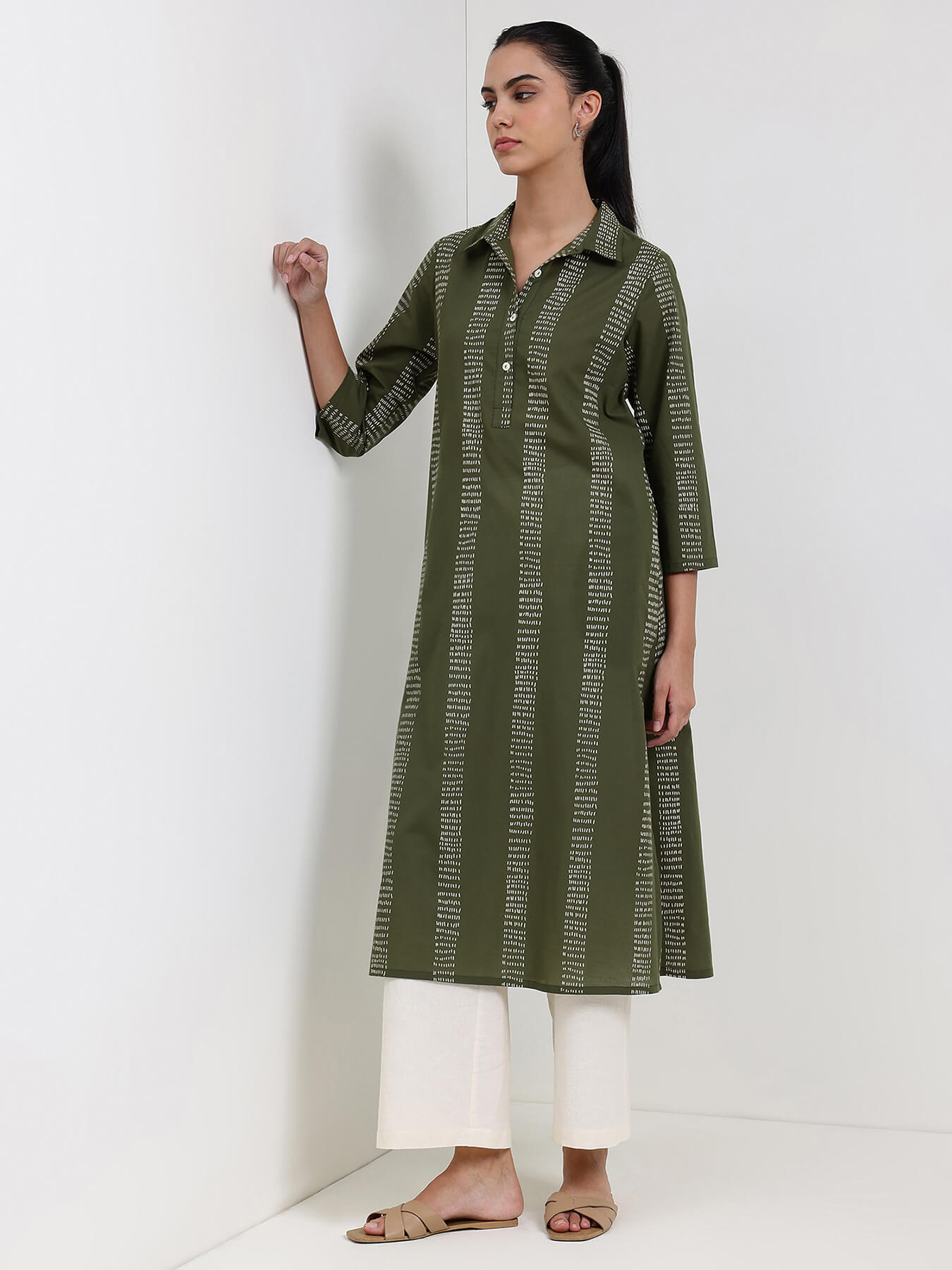 Cotton Striped Straight Kurta - Green