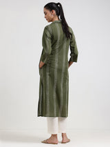 Cotton Striped Straight Kurta - Green