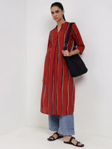 Cotton Striped Straight Kurta - Red