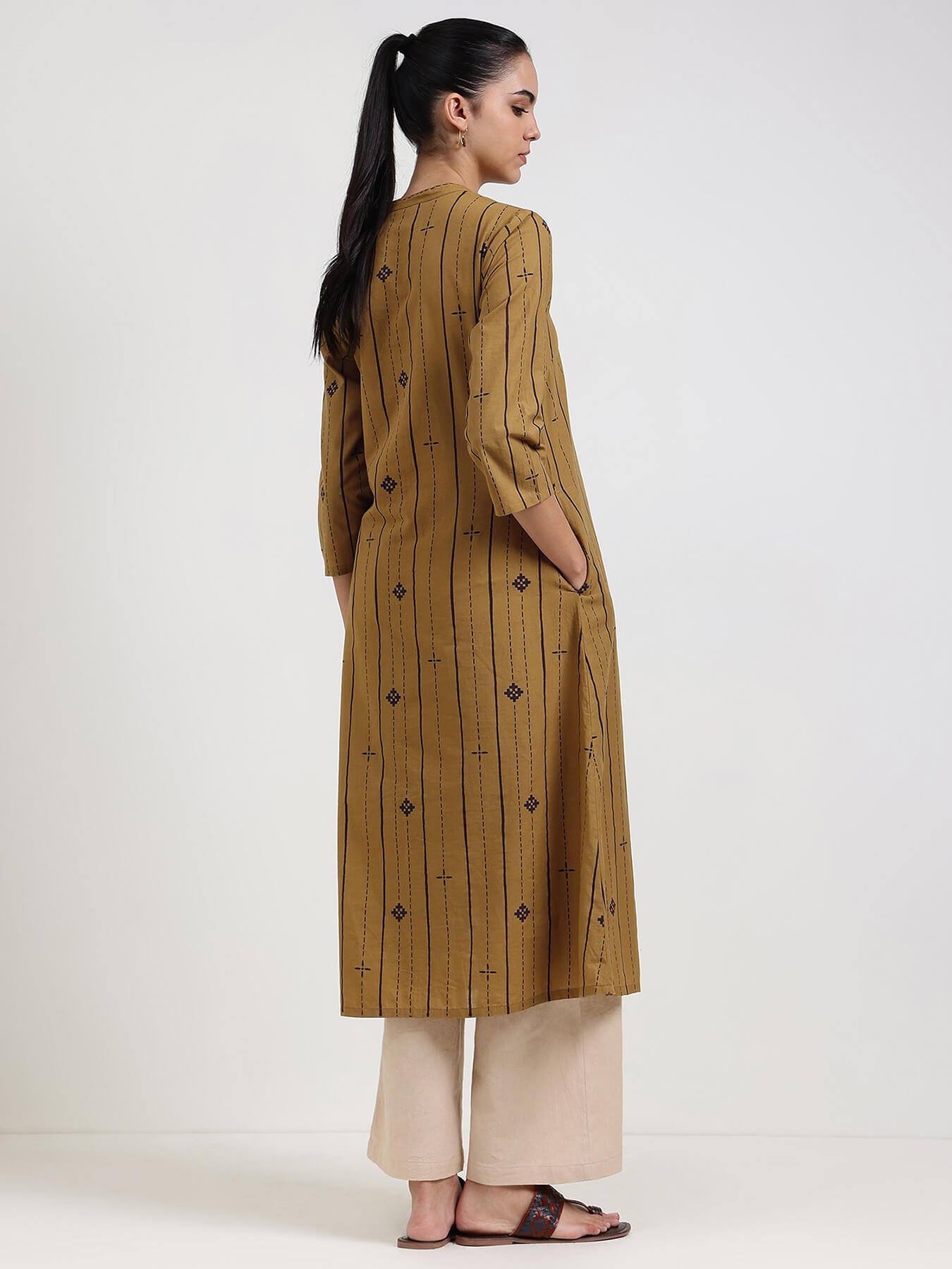 Cotton Striped Flared Kurta - Mustard