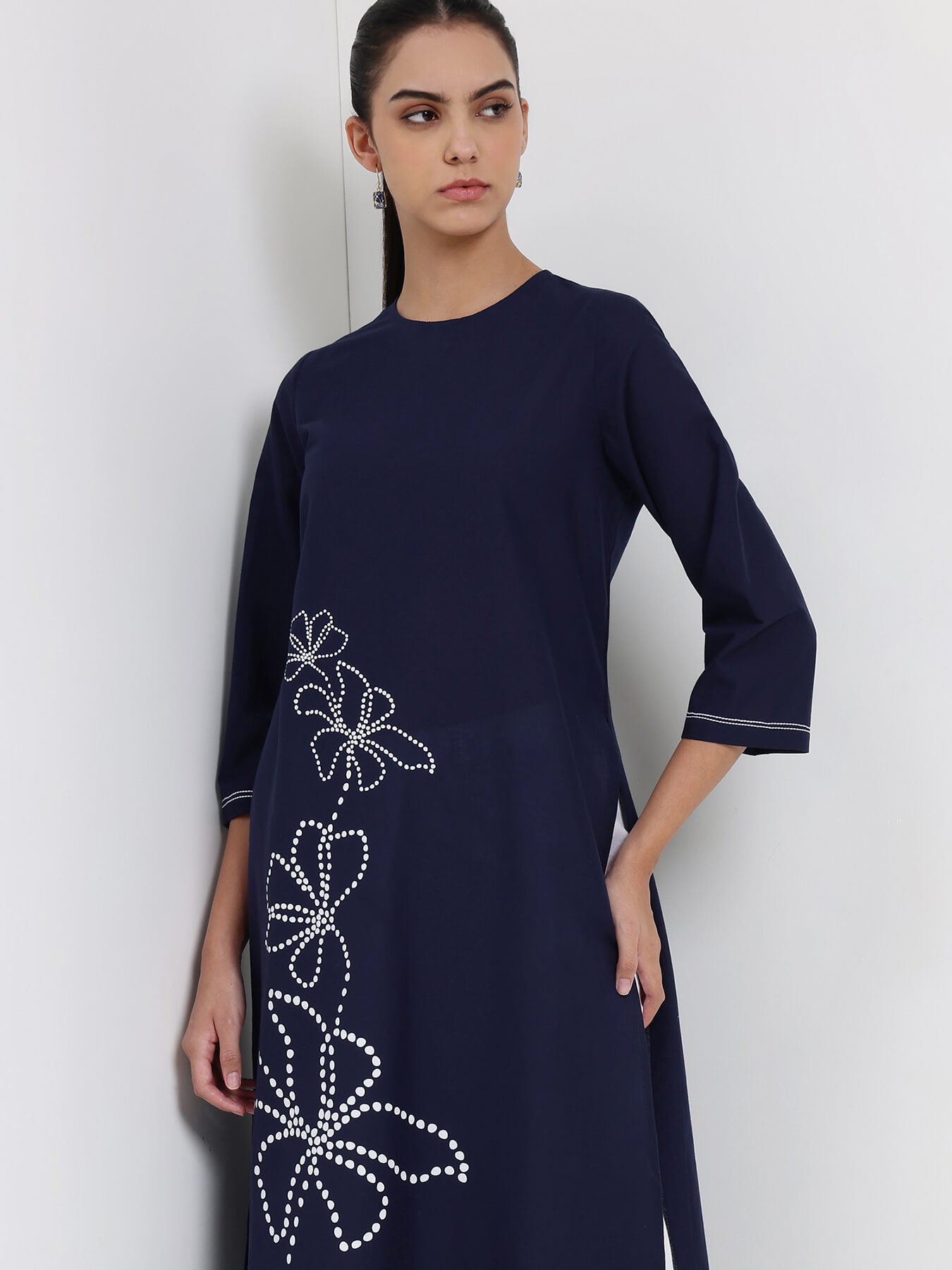 Cotton Floral Straight Kurta - Navy Blue