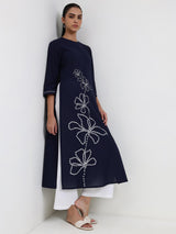 Cotton Floral Straight Kurta - Navy Blue