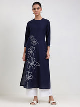 Cotton Floral Straight Kurta - Navy Blue