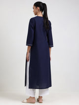 Cotton Floral Straight Kurta - Navy Blue