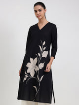 Cotton Floral Straight Kurta - Black