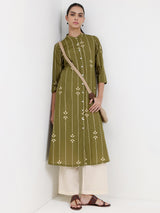 Cotton Abstract Flared Kurta - Green