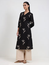 Cotton Floral Straight Kurta - Black