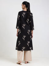 Cotton Floral Straight Kurta - Black