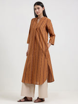 Cotton Striped Straight Kurta - Rust