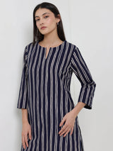 Cotton Striped Straight Kurta - Navy Blue