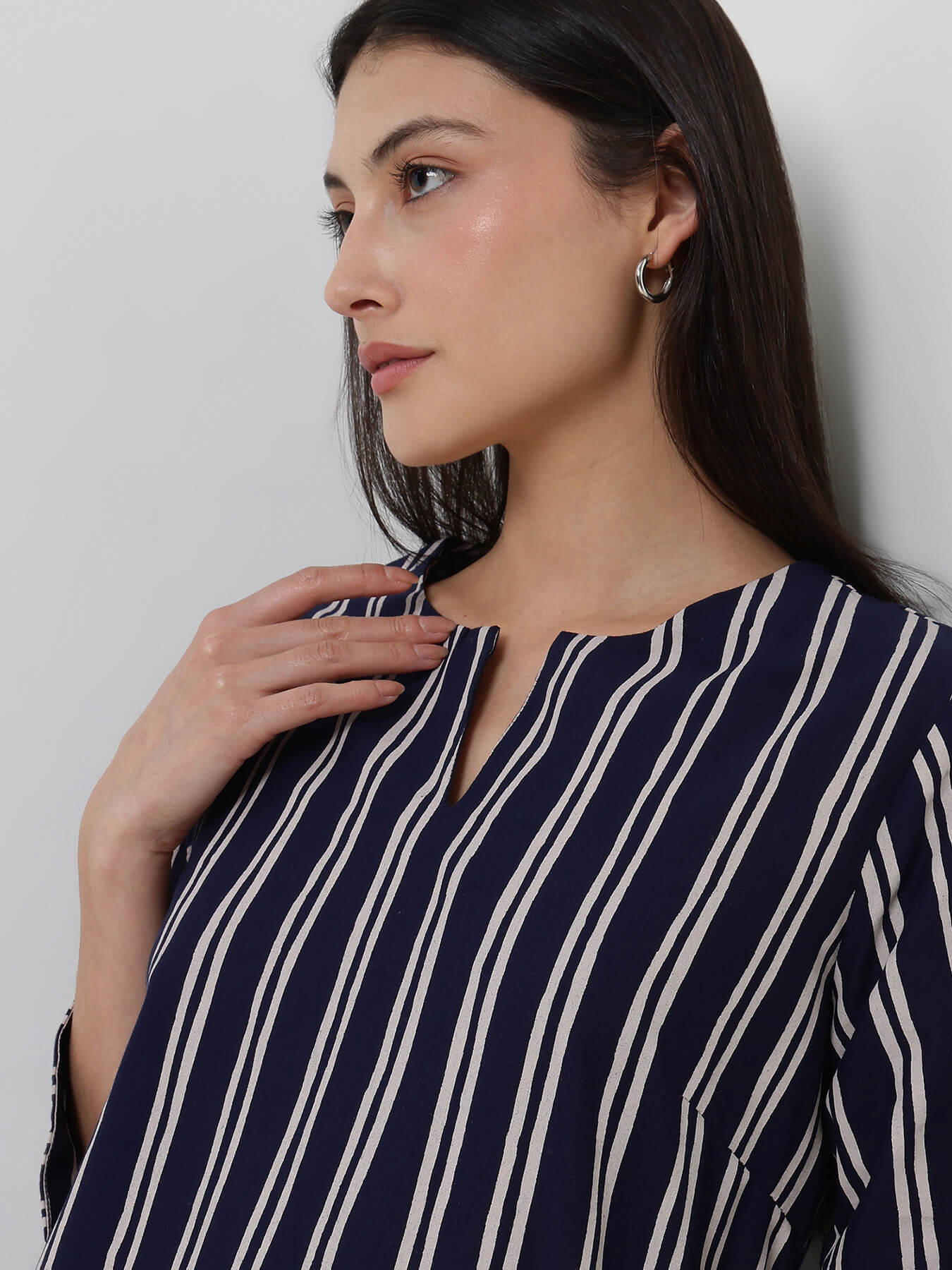 Cotton Striped Straight Kurta - Navy Blue