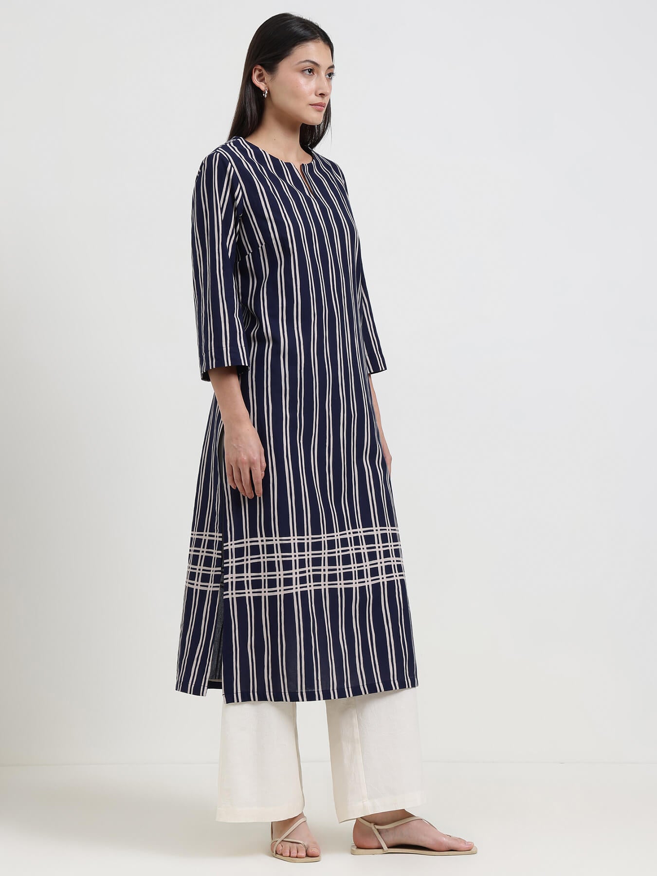 Cotton Striped Straight Kurta - Navy Blue