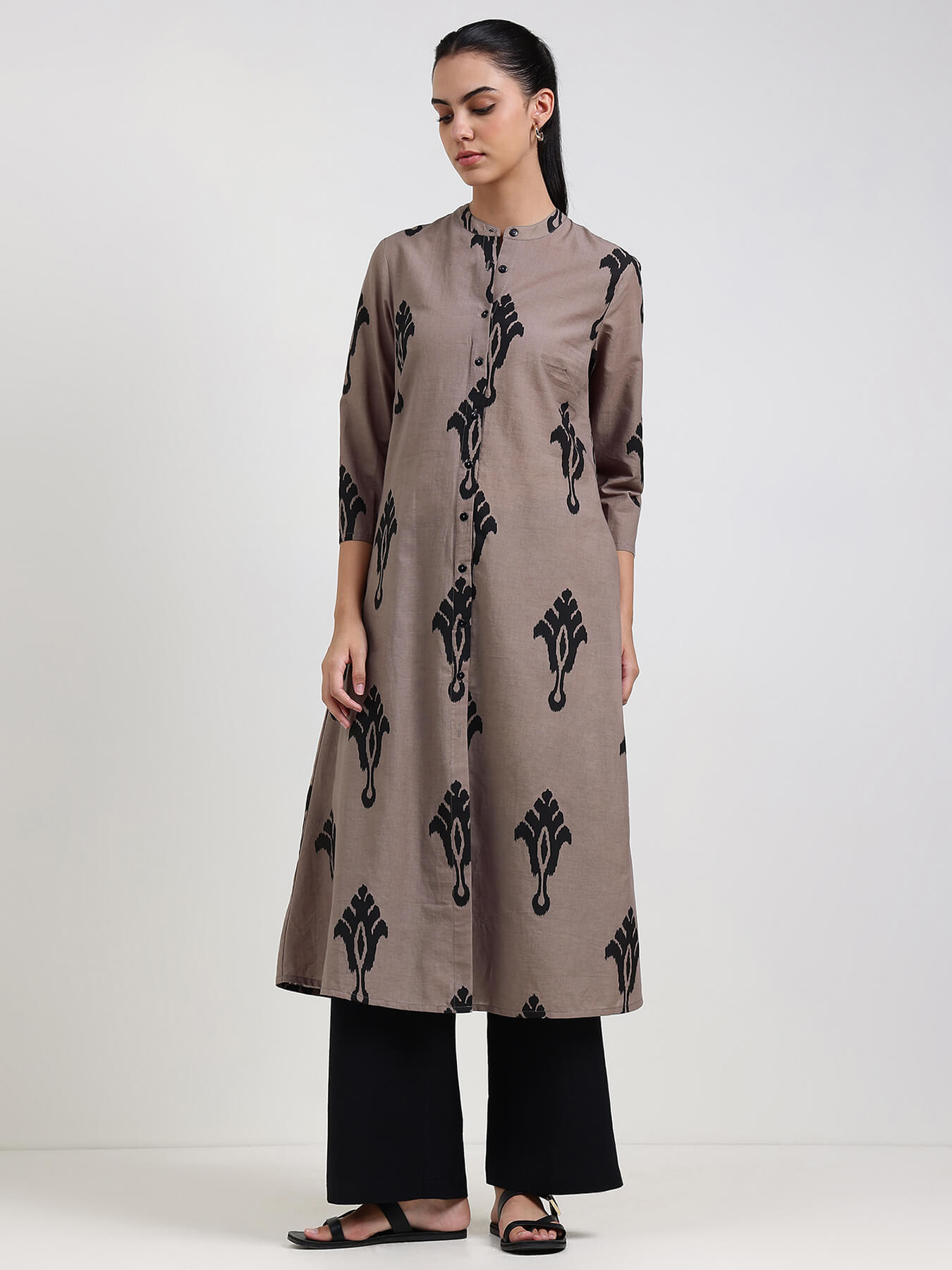 Cotton Ethnic Motif Flared Kurta - Grey