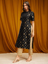 Silk Brocade Round Neck Kurta - Black