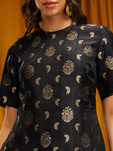 Silk Brocade Round Neck Kurta - Black