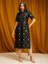 Silk Brocade Round Neck Kurta - Black