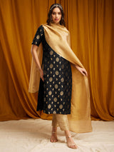 Silk Brocade Round Neck Kurta - Black