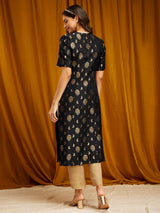 Silk Brocade Round Neck Kurta - Black