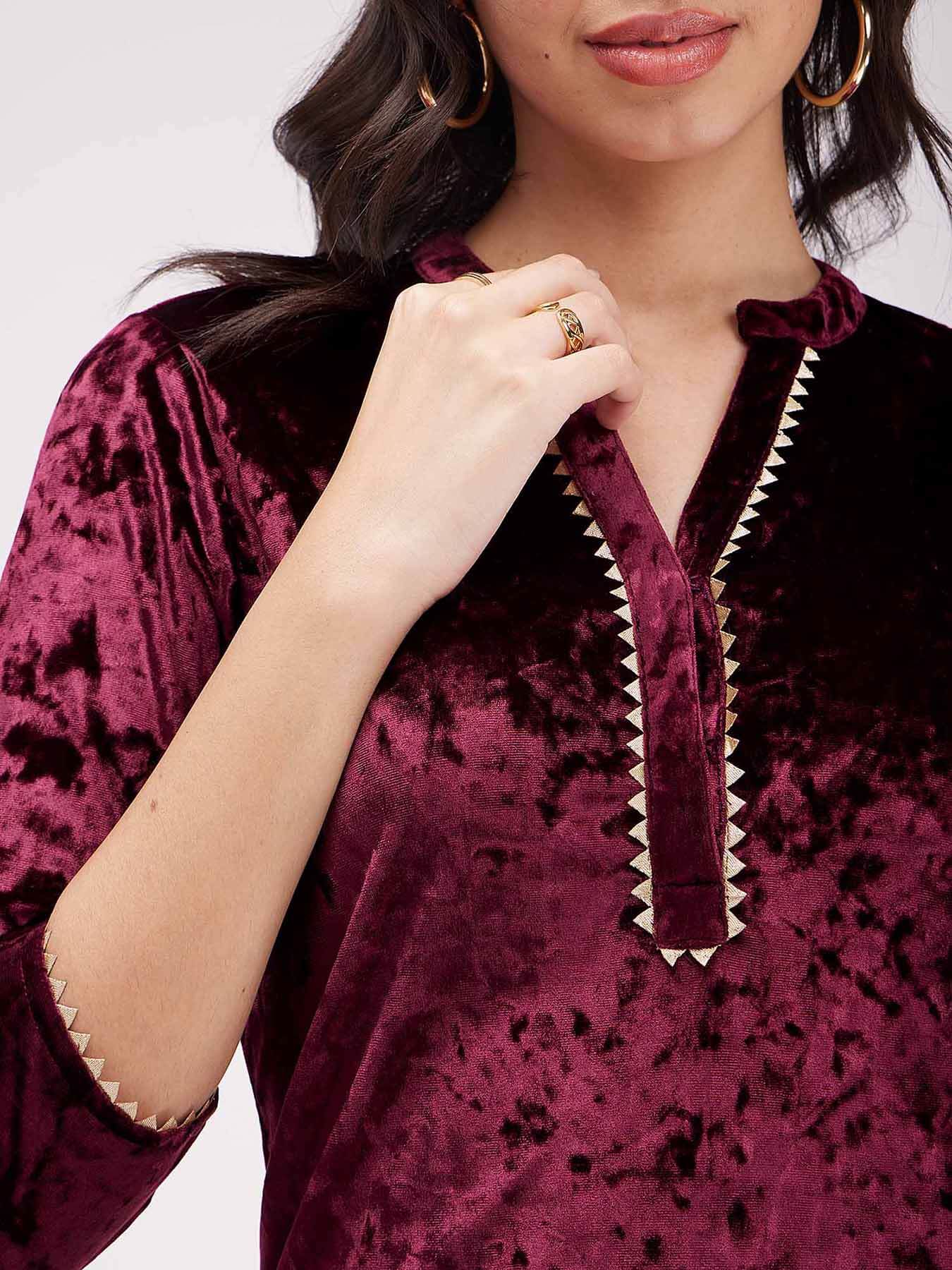 Velvet Straight Kurta - Maroon