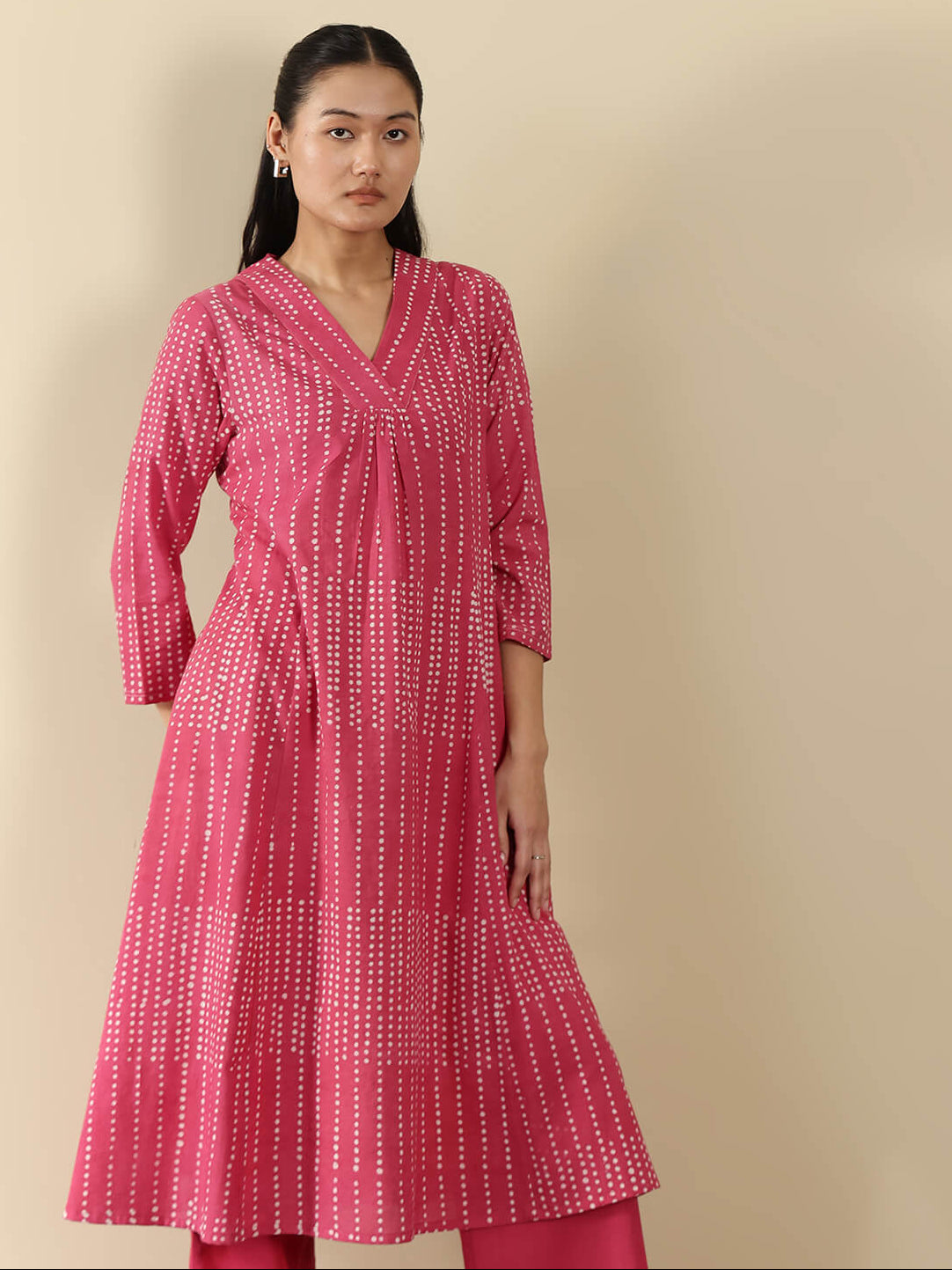Cotton Dabu Polka A-Line Kurta Set - Pink