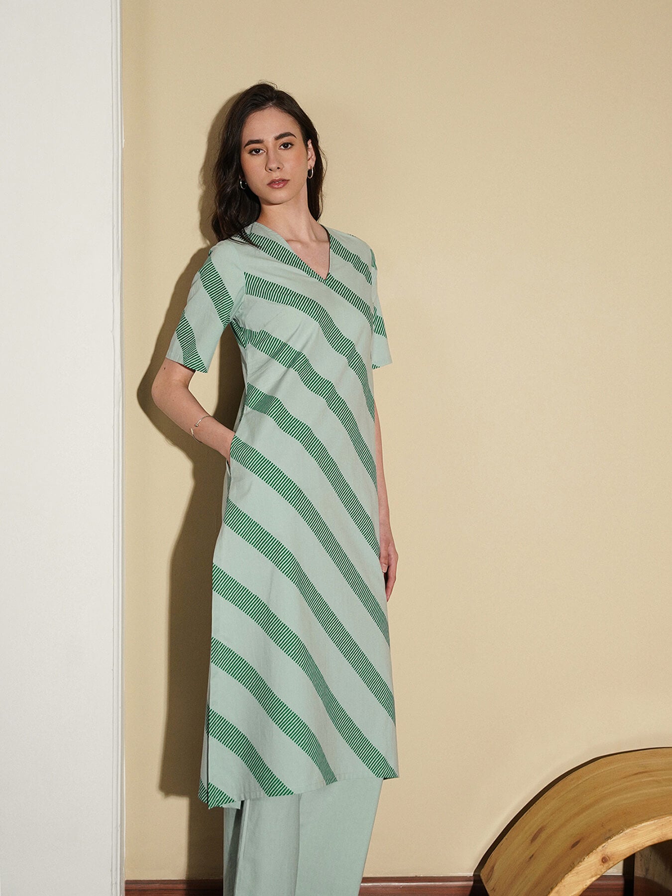 Cotton Striped Kurta Set - Green