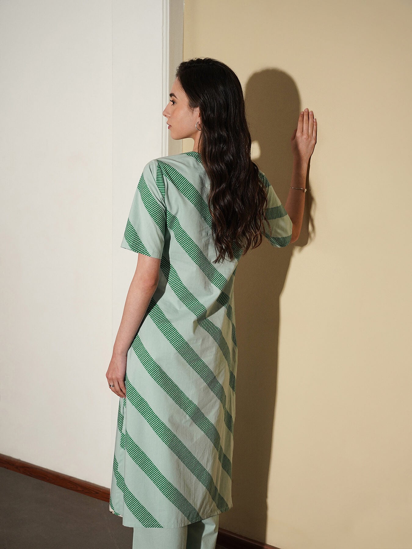 Cotton Striped Kurta Set - Green